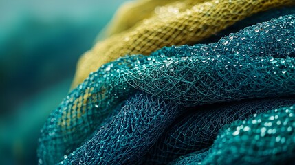 Fototapeta premium Overhead composition of stacked blue and green fishing nets with subtle water droplets, creating a fresh oceanic vibe