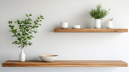 Fototapeta premium Wooden Shelves with Plants and Bowls Minimalist Modern Style High-Resolution Photography Horizontal Clean Lines Display Home Decor Neutral Tones Ideal for Interior Design