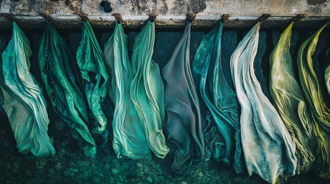 Overhead shot of nets laid out on a concrete pier, weathered texture of the nets contrasting with bright green and blue tones