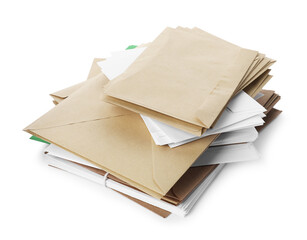 Stack of different paper envelopes on white background. Post office