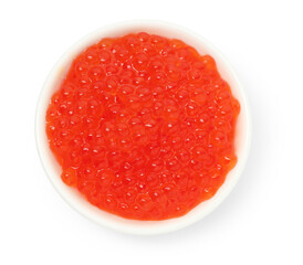 Delicious red caviar in bowl isolated on white, top view