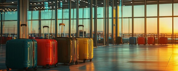 Polished leather and metallic suitcases in vivid colors, reflecting terminal lights, near large glass windows with morning glow and lively ambience