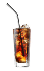 Glass of cola with ice cubes isolated on white