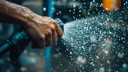 Stock photo of person holding garden hose spraying water droplets close up detail for washing and cleaning use