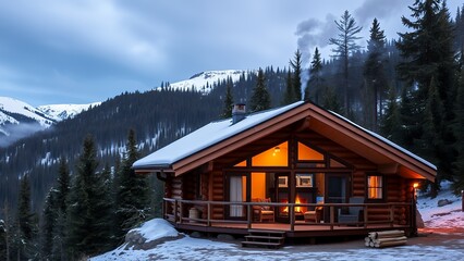 Winter landscape. Mystical night. Old wooden hut on the lawn covered with snow.