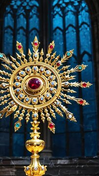 Beautiful golden monstrance with colorful gemstones displayed in a cathedral under stained glass windows