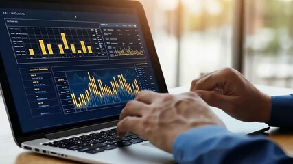 A person is interacting laptop that various data visualizations, including bar charts , line graphs. The scene evokes themes data analysis, financial insights, , strategic decision-making. - Powered by Adobe