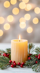 Glowing advent candle surrounded by pine and berries for holiday decoration