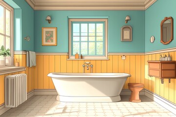 Fototapeta na wymiar Modern Cartoon Bathroom Interior Design: Bright Tub, Tiles & Sink with Natural Daylight and Cozy Decor