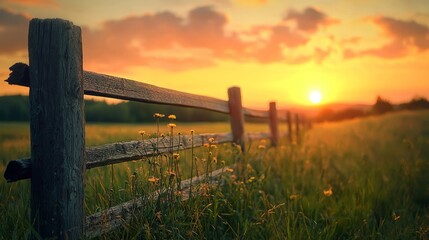 Obraz premium Serene Sunset Over Countryside Field With Wooden Fence and Flowers