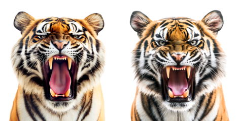2 Tiger in Aggressive Roar - Powerful animal expression with intense gaze and open jaws. Great for posters, logos, or wildlife content