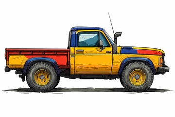 Colorful Cartoon Pickup Truck: A Vintage Off-Road Art Illustration in Rural Landscape