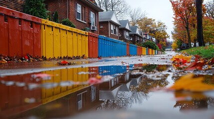 Vibrant Autumn Street with Colorful Trash Bins and Reflections in Puddle