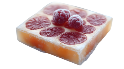 Frozen Delight A Block of Ice with Embedded Fruits and Berries Perfect for Culinary and Artis