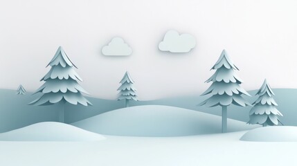 Pastel Winter Landscape, Paper Cut Trees, Snow Hills, Cloudy Sky