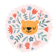 Cute lion with flowers. Modern vector illustration. Jungle life clipart. Vector illustration. Funny doodle animals. 