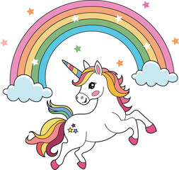 Fototapeta premium Cute Unicorn with Rainbow and Stars 