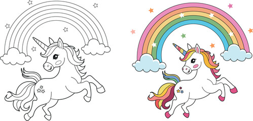 Illustration of a cute baby unicorn cartoon character. Black and white Printable Unicorn coloring page for kids, Bold and Easy Coloring Sheet
