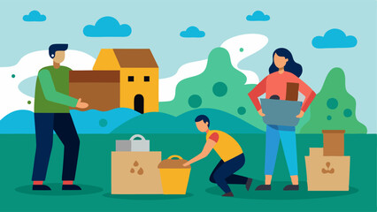 Disp Families Families packing up their belongings in an area affected by flooding and toxic waste illustrating the displacement caused by environmental hazards.