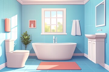 Fototapeta na wymiar Modern Bathroom Interior Design: Elegant Spa Retreat with Blue Walls and Natural Light for a Refreshing Bathing Experience