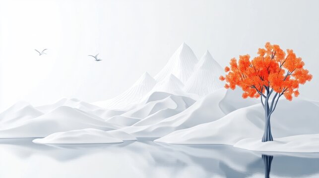 Peaceful Mountain Lake Scene with Orange Tree