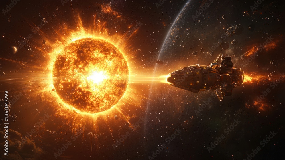 Wall mural a spaceship is flying through space with a large sun in the background