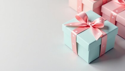 Pastel colored square gift boxes with dotted bows, subtle pattern, repeating, background, print
