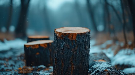 Obraz premium Snowy forest, cut tree stumps, winter landscape, product display
