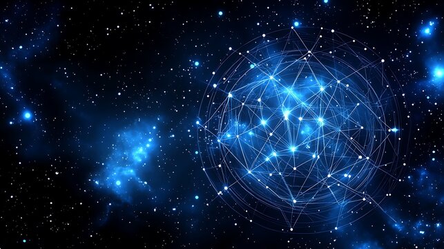 Futuristic network sphere against starry nebula backdrop in deep space