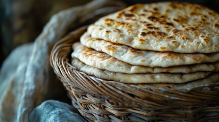 Obraz premium Rustic wicker basket of freshly baked flatbreads, kitchen setting