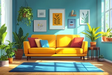 Modern Interior Design: Cozy Living Room with Blue Wall, Natural Light, and Vibrant Decor Featuring Houseplants and Stylish Furniture