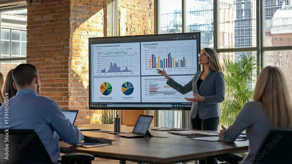 Poster a business presentation is underway bright modern office setting. a woman is pointing data charts la