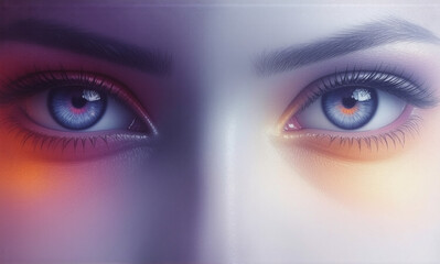 A striking close-up showcases captivating blue eyes with orange and purple hues.  Dramatic, split lighting creates a mesmerizing and intense visual experience focusing on the gaze.