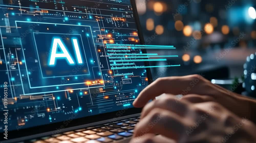 Poster A laptop screen showcases concept of artificial intelligence with letters 'AI' prominently displayed over digital circuitry. A person's hands typing suggests integration of AI into everyday tasks.