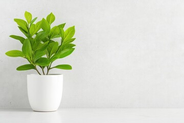 Fototapeta premium Simple potted plant against a light gray wall. A small, potted plant with vibrant green leaves sits on a white surface in front of a light gray textured wall.