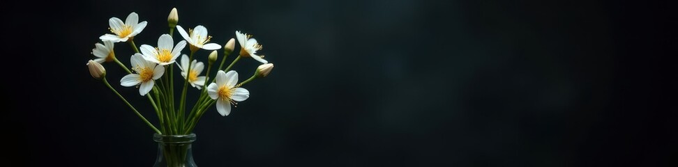 Fototapeta premium Delicate white wildflowers in a simple vase against a moody black backdrop , nature, summer