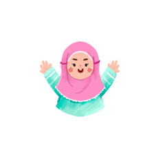 Joyful Girl in Pink Hijab, Hands Raised, Watercolor Style Illustration