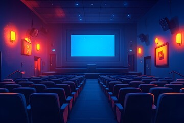 Fototapeta premium Modern Cinema: Neon and Blue Lighting Transform Empty Movie Theater Seating into a Cinematic Ambiance