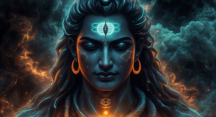 Divine Lord Shiva Digital Artwork .Shiva God of Destruction and Creation Hindu Mythology, Mahakal Lord Shiva Hindu God ,Shiva the Adiyogi , Sacred Lord Shiva meditation Artwork , spirituality.