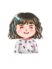 Joyful Child Portrait: Curly Hair, Teary-Eyed Smile, Pastel Sweater