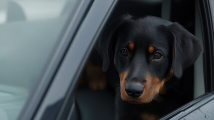 Lonely dog left alone inside parked car looking out of window, symbolizing pet neglect, abandonment, animal cruelty, and rising awareness of responsible pet ownership and safety issues