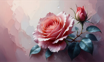 A delicate pink rose in full bloom and a rosebud are adorned with water droplets, set against a softly textured pink background. Green leaves add to the floral beauty.