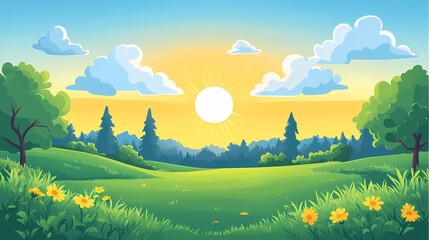 Fototapeta premium Tranquil Sunrise Landscape Illustration with Vibrant Grass, Flowers, and Trees