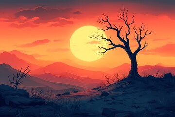 Naklejka premium Desert Sunset Landscape: Silhouetted Tree and Mountains Under Vibrant Sky Illustration