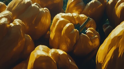 Sunlit yellow bell peppers piled high in a market stall