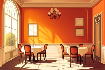 Elegant Modern Dining Room with Orange Walls and Chic Decor for Fine Dining and Hospitality