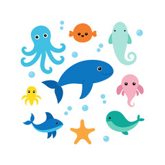 Fototapeta premium set of funny cartoon sea animals