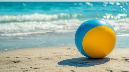 Obraz premium Beach ball on sand near ocean waves summer vacation tropical holiday travel destination sunny day fun time