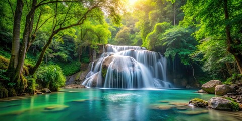 Obraz premium Peaceful forest scene: a serene waterfall spills into a crystal pool, nature's tranquility captured.