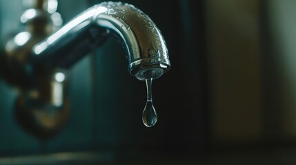Single droplet of water falling from metal faucet against dark background, symbolizing water scarcity, drought, conservation, crisis, and environmental awareness in modern society